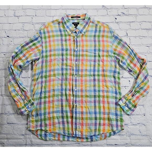 GANT Long Island Linen Regular Fit Button Shirt Preppy Rainbow Plaid MENS SZ XL - Picture 2 of 9